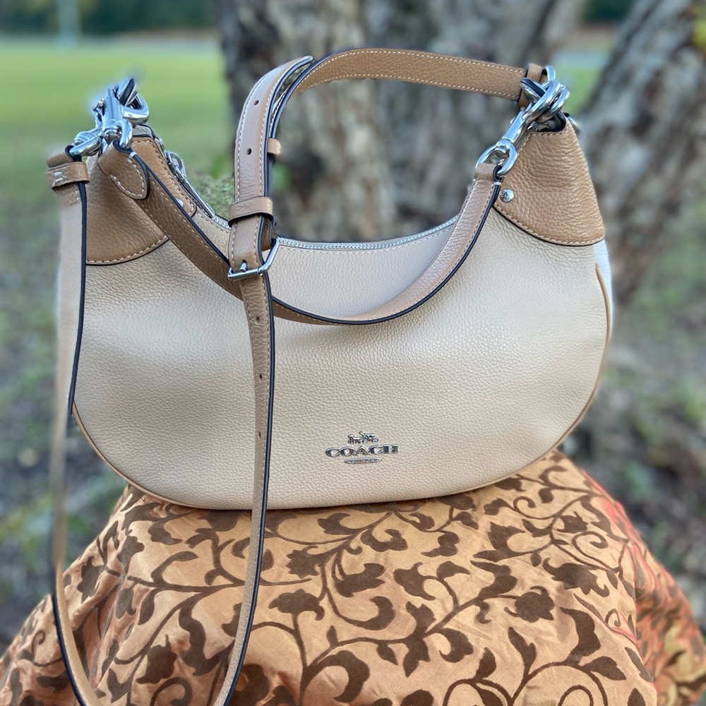 NWT Coach Mara Hobo bag in sandy beige, camel, & creamy white. Silver hardware.